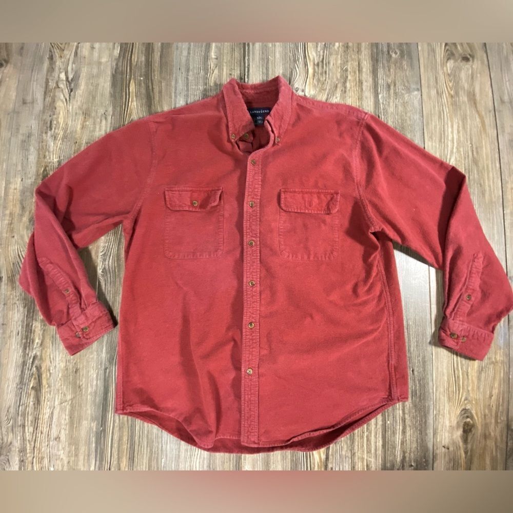 Vintage Lands End Men's Large (16-16.5) Reg Flannel Shirt L Red Button Dow